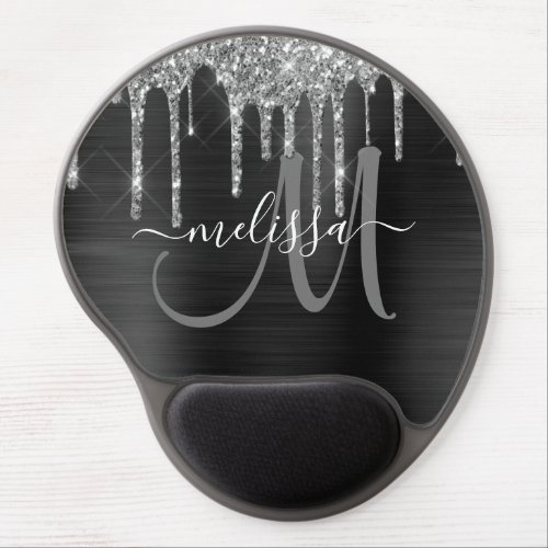 Chic Silver Glitter Drips Black Brushed Metal Name Gel Mouse Pad