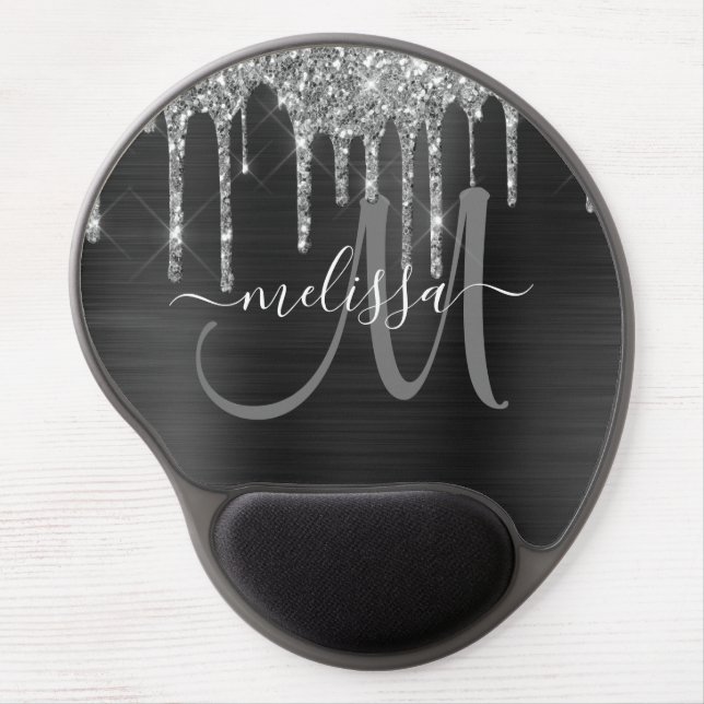 Chic Silver Glitter Drips Black Brushed Metal Name Gel Mouse Pad (Front)