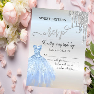 Chic Silver Glitter Drips Blue Dress Sweet 16 RSVP Invitation