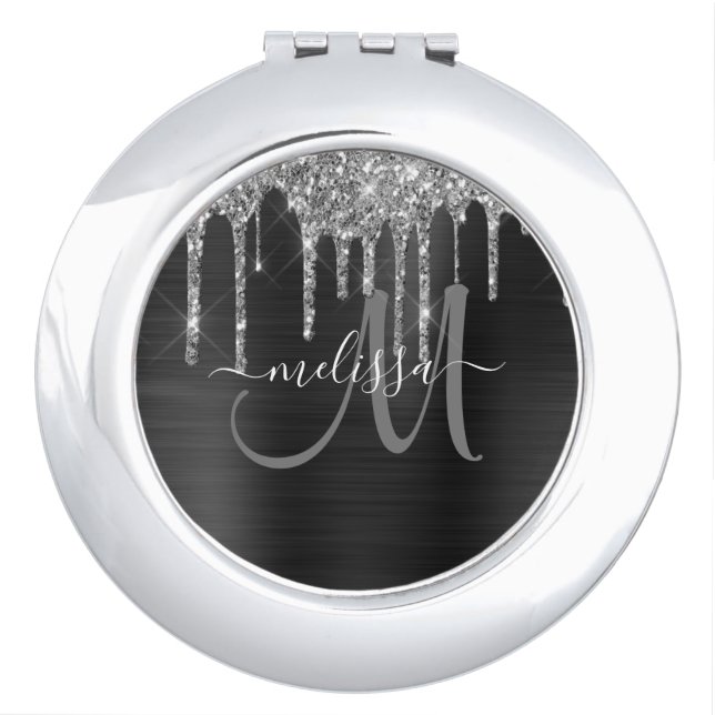 Chic Silver Glitter Drips Brushed Metallic Name Compact Mirror (Front)
