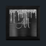 Chic Silver Glitter Drips Brushed Metallic Name Gift Box<br><div class="desc">Add a touch of glitter and glam to your gift giving with this elegant personalized gift box. This chic design template features a large gray script monogram and your name in white to personalize on a background of black brushed metallic texture accented by a border of faux silver dripping glitter....</div>