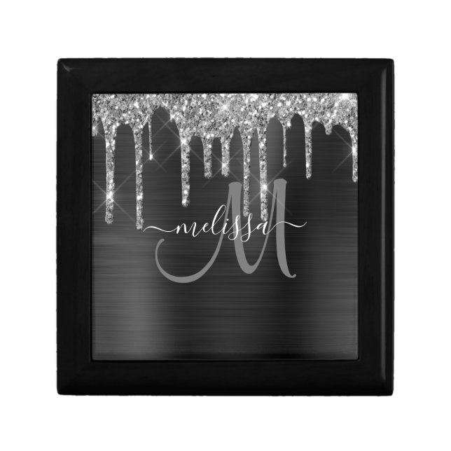 Chic Silver Glitter Drips Brushed Metallic Name Gift Box (Front)