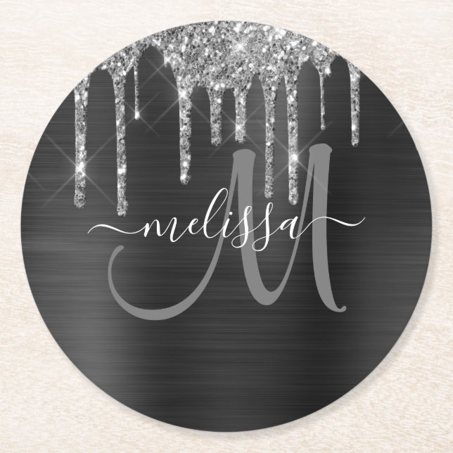 Chic Silver Glitter Drips Brushed Metallic Name Round Paper Coaster (Front)