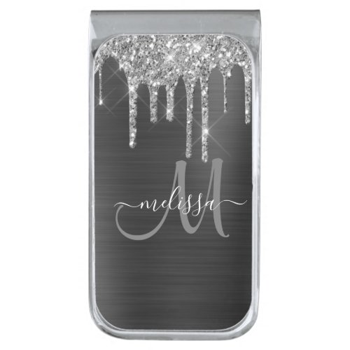 Chic Silver Glitter Drips Brushed Metallic Name Silver Finish Money Clip