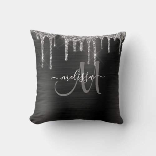 Chic Silver Glitter Drips Brushed Metallic Name Throw Pillow