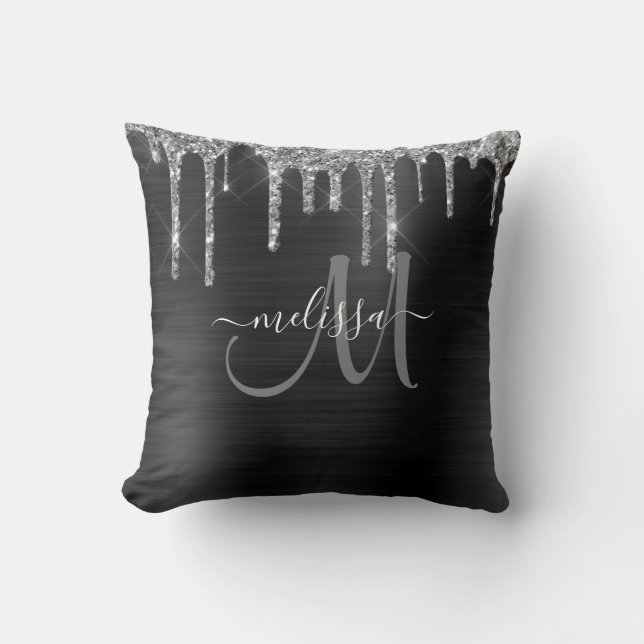 Chic Silver Glitter Drips Brushed Metallic Name Throw Pillow (Front)