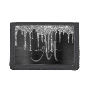 Chic Silver Glitter Drips Brushed Metallic Name Tri-fold Wallet