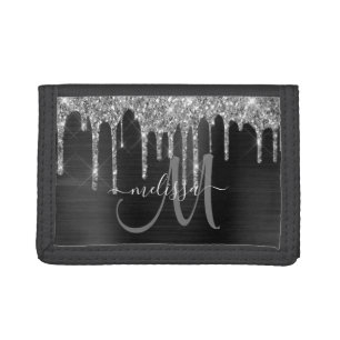Chic Silver Glitter Drips Brushed Metallic Name Tri-fold Wallet