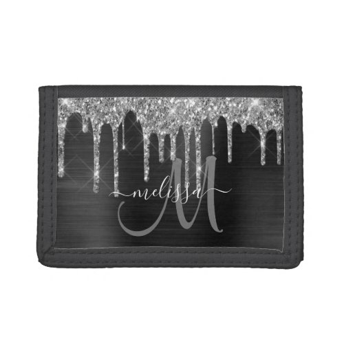 Chic Silver Glitter Drips Brushed Metallic Name Trifold Wallet