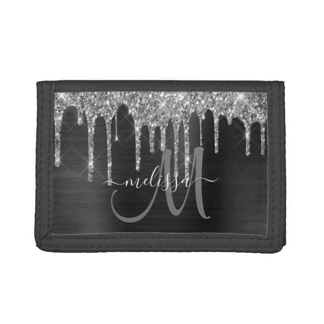 Chic Silver Glitter Drips Brushed Metallic Name Trifold Wallet (Front)