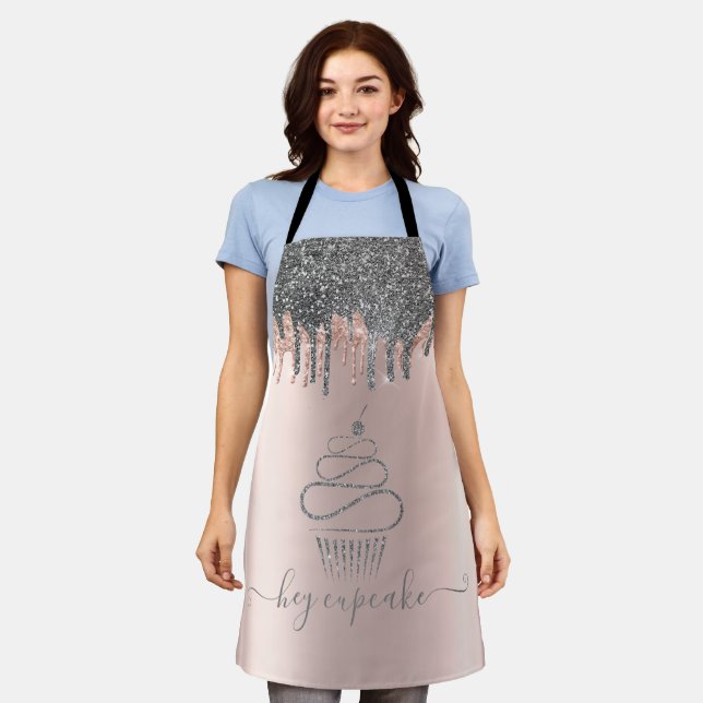 Chic Silver Glitter Drips Cupcake Rose Gold Apron (Worn)