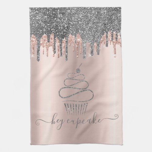 Chic Silver Glitter Drips Cupcake Rose Gold Kitchen Towel