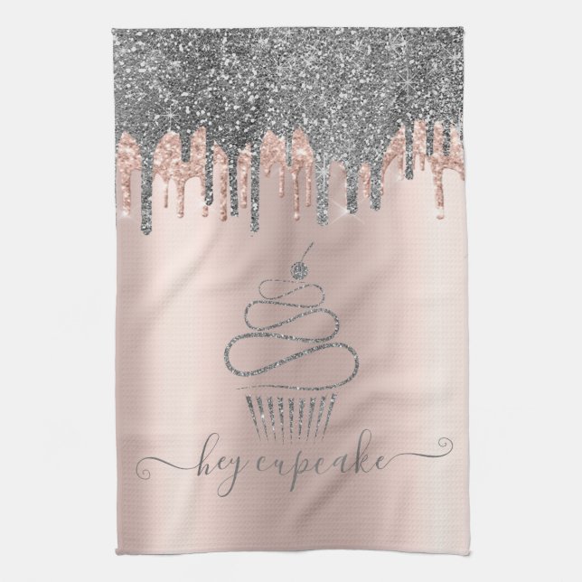 Chic Silver Glitter Drips Cupcake Rose Gold Kitchen Towel (Vertical)