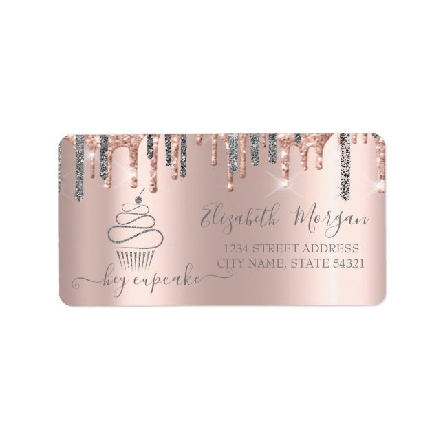 Chic Silver Glitter Drips Cupcake Rose Gold  Label (Front)