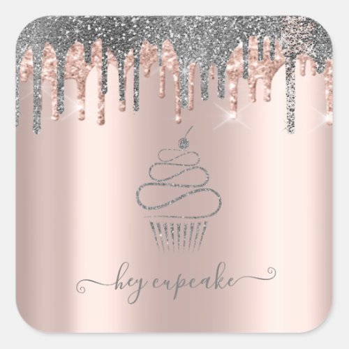 Chic Silver Glitter Drips Cupcake Rose Gold  Square Sticker