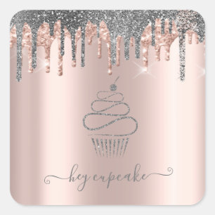Chic Silver Glitter Drips Cupcake Rose Gold  Square Sticker