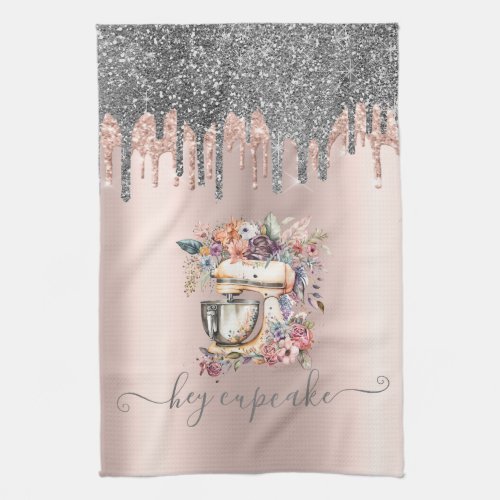Chic Silver Glitter Drips Floral Mixer Rose Gold  Kitchen Towel