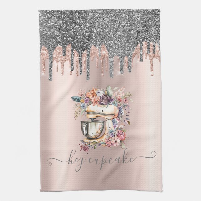 Chic Silver Glitter Drips Floral Mixer Rose Gold  Kitchen Towel (Vertical)