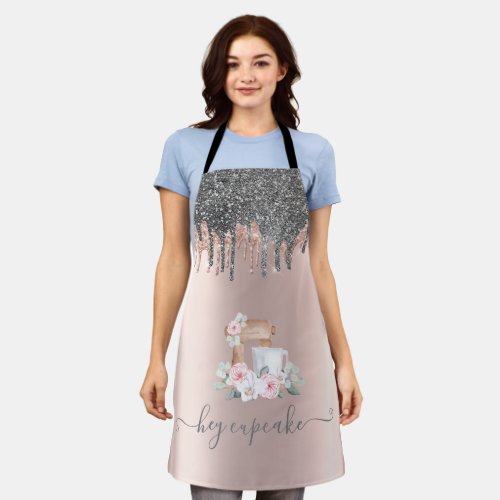 Chic Silver Glitter Drips Mixer Flowers Rose Gold Apron