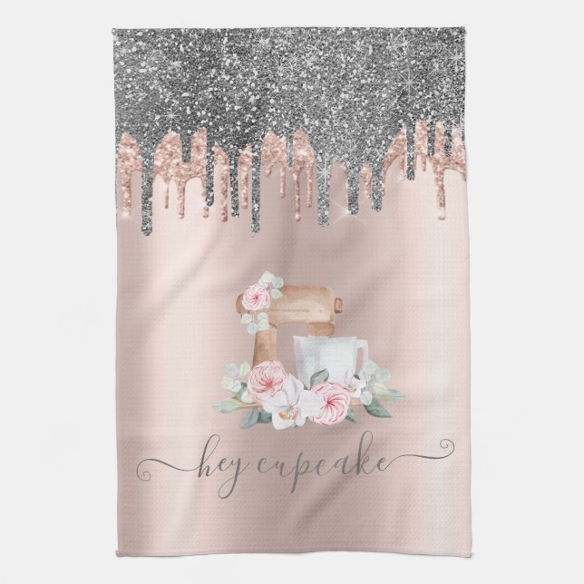 Chic Silver Glitter Drips Mixer Flowers Rose Gold  Kitchen Towel (Vertical)