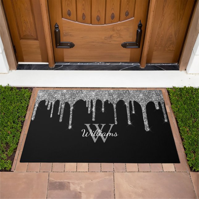 Chic Silver Glitter Drips Monogram Name Black Doormat (Outdoor)