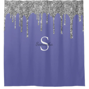 Chic Silver Glitter Drips Monogram Name Periwinkle Shower Curtain