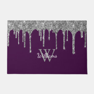 Chic Silver Glitter Drips Monogram Name Purple Doormat