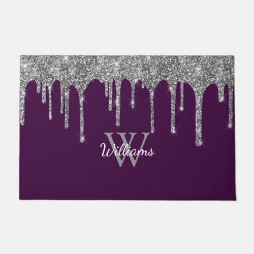 Chic Silver Glitter Drips Monogram Name Purple Doormat