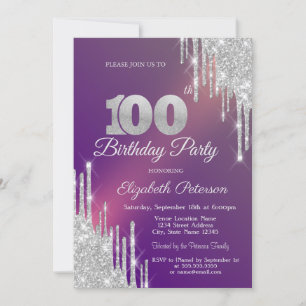 Chic Silver Glitter Drips Purple 100th Birthday Invitation