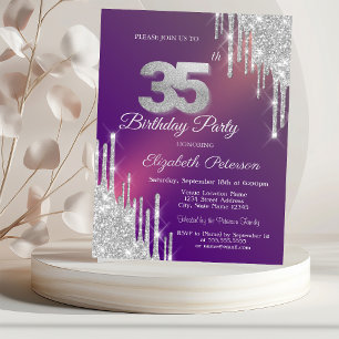 Chic Silver Glitter Drips Purple 35th Birthday Invitation