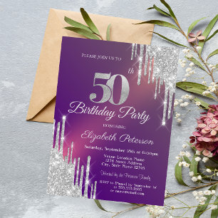Chic Silver Glitter Drips Purple 50th Birthday   Invitation