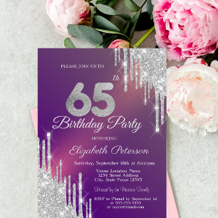 Chic Silver Glitter Drips Purple 65th Birthday Invitation