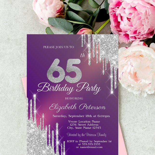 Chic Silver Glitter Drips Purple 65th Birthday   Invitation (Creator Uploaded)