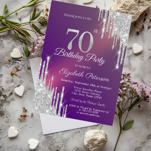 Chic Silver Glitter Drips Purple 70th Birthday Invitation