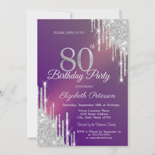 Chic Silver Glitter Drips Purple 80th Birthday   Invitation