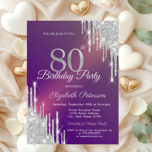 Chic Silver Glitter Drips Purple 80th Birthday Invitation