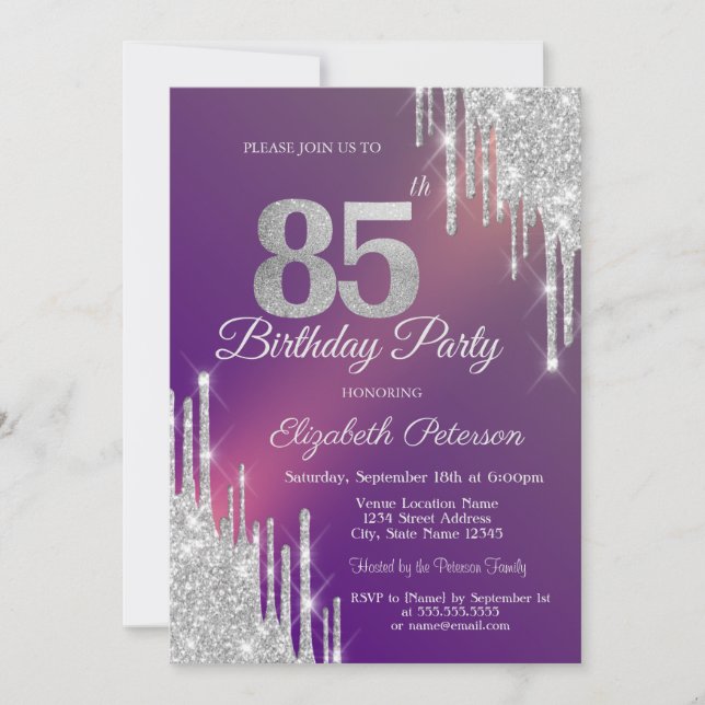Chic Silver Glitter Drips Purple 85th Birthday   Invitation (Front)