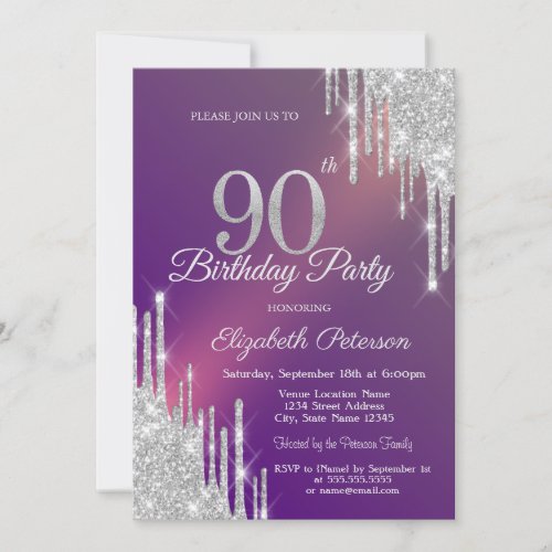 Chic Silver Glitter Drips Purple 90th Birthday   Invitation