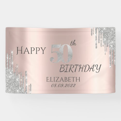 Chic Silver Glitter Drips Rose Gold 50th Birthday  Banner