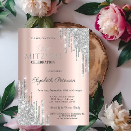 Chic Silver Glitter Drips Rose Gold Bat Mitzvah Invitation