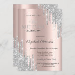 Chic Silver Glitter Drips Rose Gold Bat Mitzvah Invitation<br><div class="desc">A modern,  chic and glamorous invitation with silver glitter drips on a rose gold background.</div>