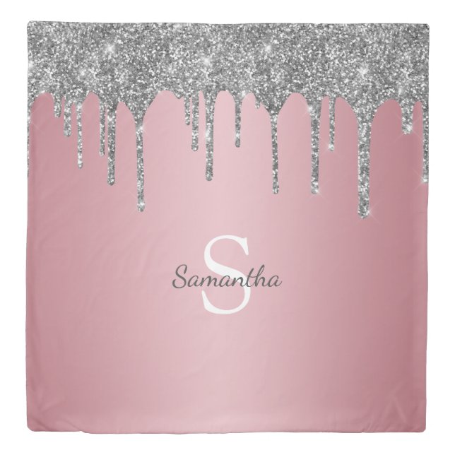 Chic Silver Glitter Drips Rose Gold Pink Monogram Duvet Cover (Front)