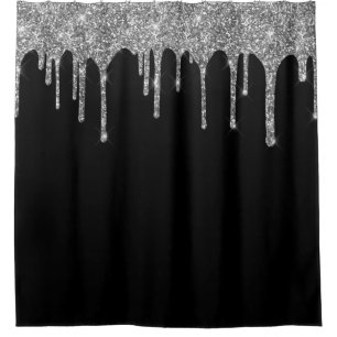 Chic Silver Glitter Drips Sparkle Black Shower Curtain
