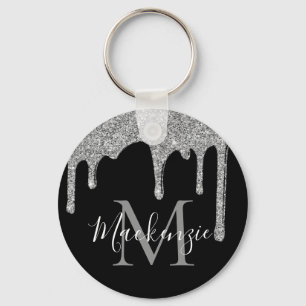 Chic Silver Glitter Drips Sparkle Monogram Keychain