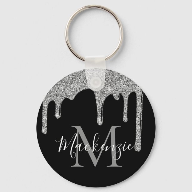 Chic Silver Glitter Drips Sparkle Monogram Keychain (Front)