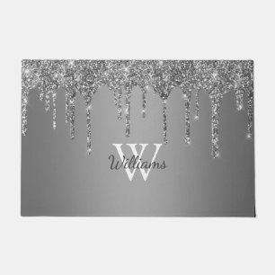 Chic Silver Glitter Drips Sparkle Monogram Name Doormat
