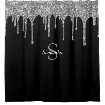 Chic Silver Glitter Drips Sparkle Monogram Name Shower Curtain