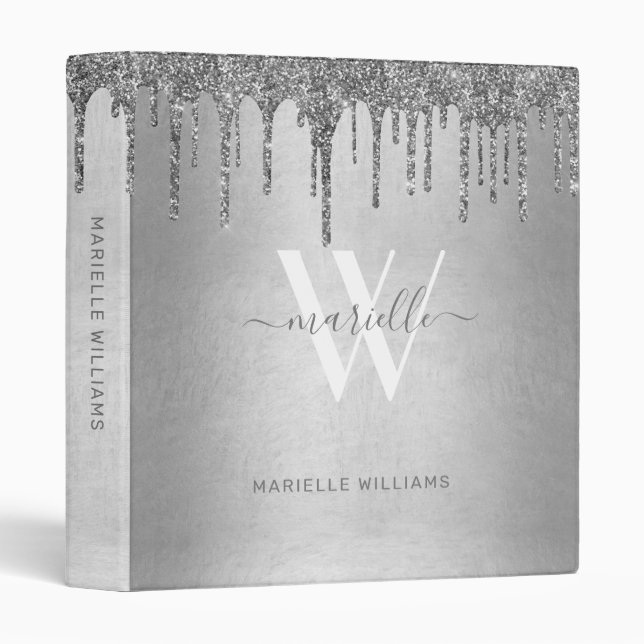 Chic Silver Glitter Drips Sparkles Monogram Name 3 Ring Binder (Front/Spine)