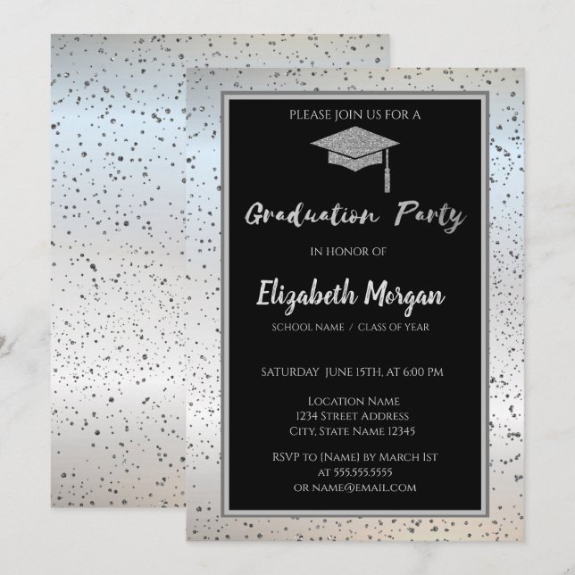 Chic Silver Glitter Graduation Cap,Confetti Invitation (Front/Back)