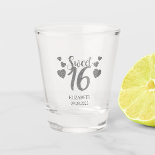 Chic Silver Glitter Hearts Sweet 16 Shot Glass